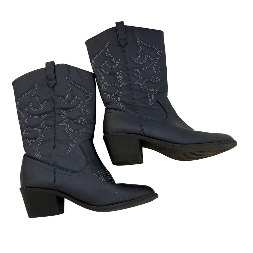 Navy Blue Western Cowboy Boots Faux Leather Pointed Toe Block Heel Mid Calf - Picture 3 of 11
